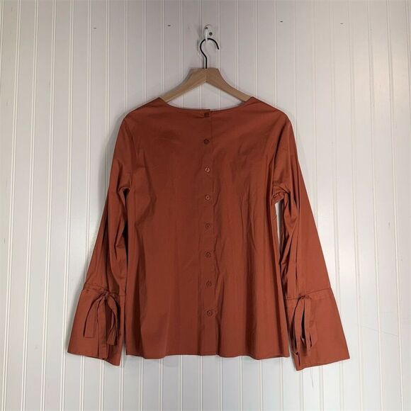 Dalia Rust Orange Button Back Blouse XL Long Sleeve Tie Cuff Minimalist Top - Picture 2 of 8